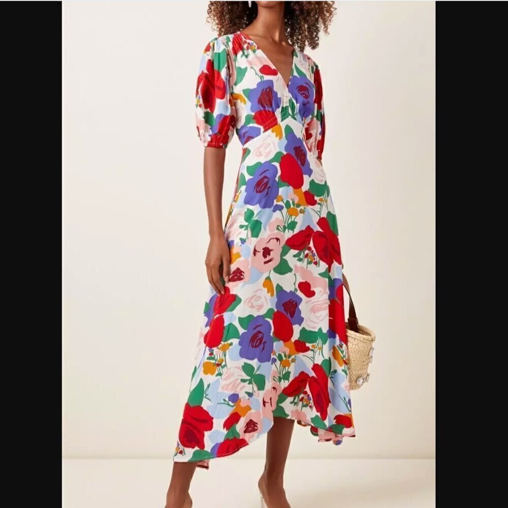 FAITHFULL THE BRAND Vittoria Midi Dress in Anita Floral on white US 6 Medium